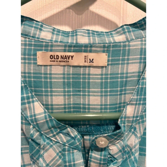 Old Navy‎ Teal White Plaid Ruffle Button Up Round Neck Long Sleeve Blouse Medium - Picture 3 of 8